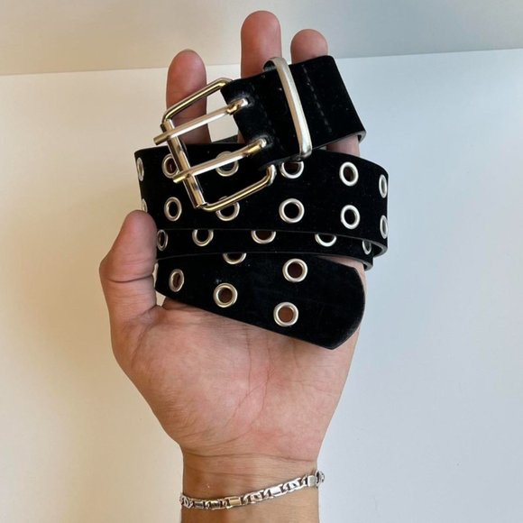 Y2K 2000s round studded black and silver velour grunge emo belt - Picture 3 of 8